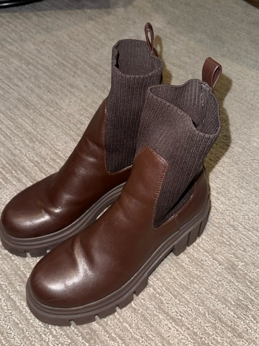 Steve Madden Brown Leather Platform Sock Chelsea Boots - Picture 3 of 6